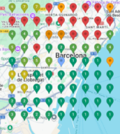 Mapa de posiciones en Google Maps en Barcelona para la búsqueda centro de masajes después del SEO local de Lemon Lead: la mayoría de puntos en verde, en el top 3