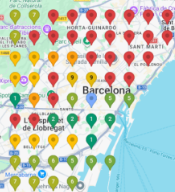 Mapa de posiciones en Google Maps en Barcelona para la búsqueda centro de masajes antes del SEO local: la mayoría de puntos en rojo